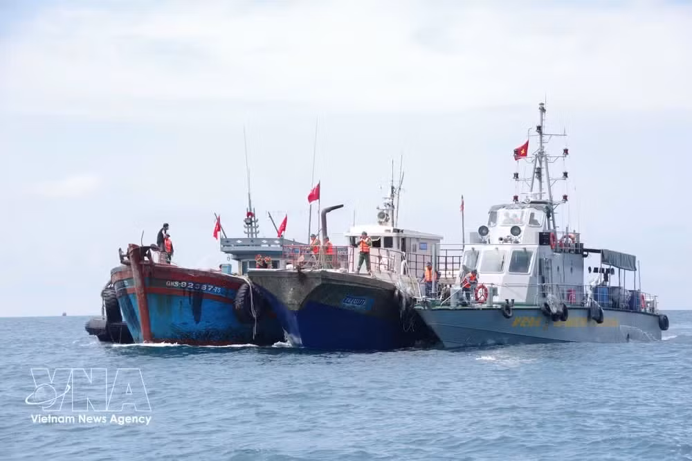 The Hai Phong City Border Guard assists in towing a Chinese fishing vessel in distress at sea into the Bach Long Vi harbour shelter. (Photo: VNA)