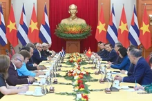 Party General Secretary To Lam hosts a reception for President of the National Assembly of People's Power and President of the Council of State of Cuba Esteban Lazo Hernandez in Ha Noi on October 1, 2025 (Photo: Dang Khoa)