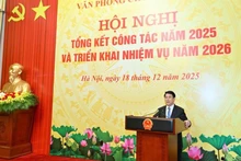State President Luong Cuong speaks at a year-end meeting in Ha Noi on December 18 to summarise operations of the Presidential Office in 2025 and outline its tasks for 2026.