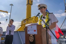 Lieutenant Colonel Wallerand Faivre D'Arcier speaks at the welcome ceremony.