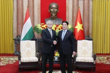 Vietnamese President Luong Cuong (R) and Speaker of the Hungarian National Assembly Kover Laszlo meet in Ha Noi on October 20. (VNA)
