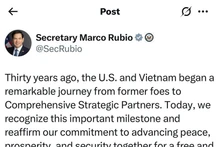 US Secretary of State Marco Rubio's post on X social network. (Photo: VNA)
