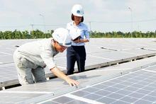 Inspecting and maintaining solar batteries at the Aquaone Hau Giang Water Plant. (Photo: Quoc Tuan)
