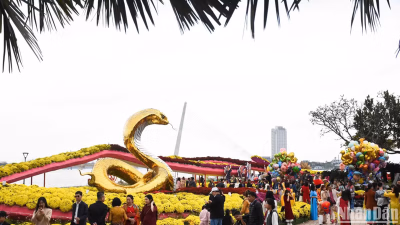 At the Da Nang Tet flower street area along Bach Dang Street, on the west bank of Dragon Bridge along Tran Hung Dao Street, many people come early to enjoy and take souvenir photos. (Photo: ANH DAO)