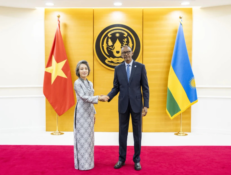 Rwandan President Paul Kagame (R) receives Vietnamese Ambassador to Tanzania and Rwanda Vu Thanh Huyen. (Photo: VNA)