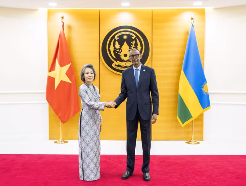 Rwandan President Paul Kagame (R) receives Vietnamese Ambassador to Tanzania and Rwanda Vu Thanh Huyen. (Photo: VNA)