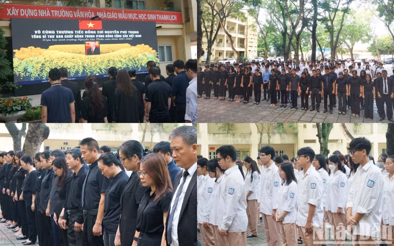 Teachers, students and generations of former students of Nguyen Gia Thieu High School spent a minute of silence commemorating General Secretary Nguyen Phu Trong.