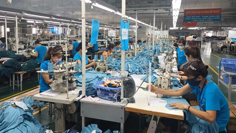 Production of export goods at Hanoi Textile and Garment Joint Stock Corporation.