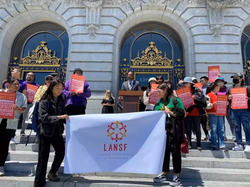 San Francisco Supervisor Shamann Walton speaks on the steps of City Hall on June 11 alongside community-based language access advocates on the topic of Vietnamese becoming an official city language. (Source: Ko Lyn Cheang/The Chronicle)