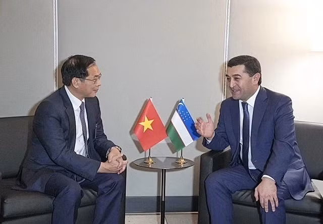 Deputy PM and FM Bui Thanh Son meets with Uzbek FM Bakhtiyor Saidov in New York on September 22. (Photo: VNA)