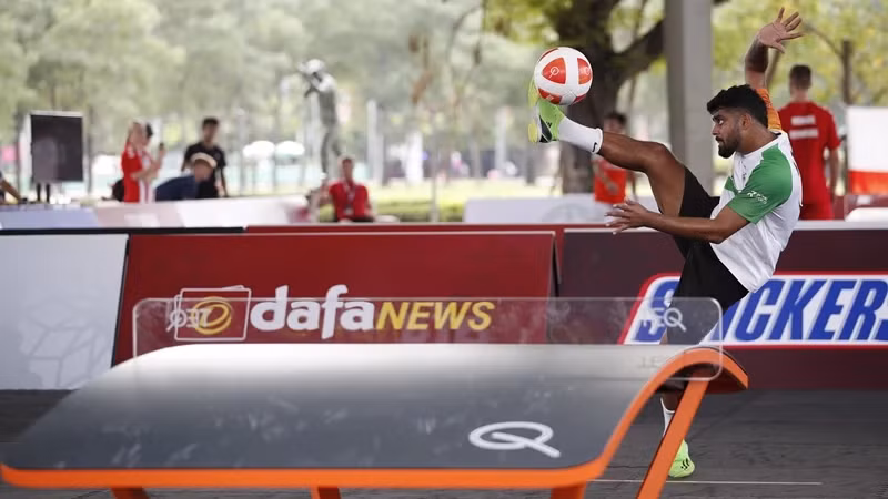 Teqball is a ball sport that combines football and table tennis and is played on a curved table. 