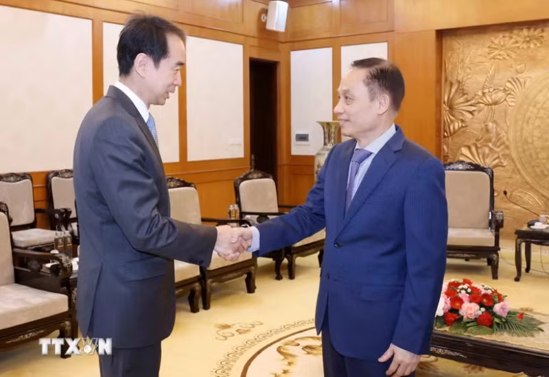 Secretary of the Party Central Committee and head of its Commission for External Relations Le Hoai Trung (R) and Chinese Ambassador to Vietnam He Wei (Photo: VNA)