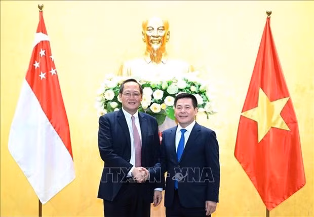 Vietnamese Minister of Industry and Trade Nguyen Hong Dien (R) and Singaporean Second Minister for Trade and Industry Tan See Leng. (Photo: VNA) 