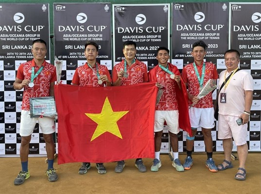 The Vietnamese tennis team has won 2-1 over Jordan rivals in a playoff to secure a ticket to Davis Cup 2024, Asia/Oceania Zone Group II. (Photo: baovanhoa.vn)