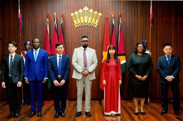 Vietnamese Ambassador to Brazil and Guyana Pham Thi Kim Hoa (second from right) presents credentials to President of Guyana Mohamed Irfaan Ali (Photo: VNA) 