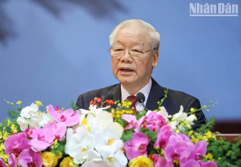 Party General Secretary Nguyen Phu Trong delivers a speech at the Congress.