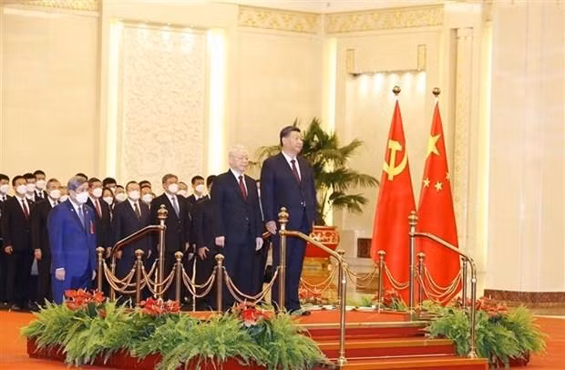 At the welcome ceremony for General Secretary of the Communist Party of Vietnam (CPV) Nguyen Phu Trong on his official visit to China. (Photo: VNA)