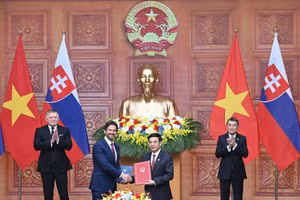 Vietnamese Prime Minister Le Minh Hung (R, back row) and his Slovak counterpart Robert Fico witness the exchange of the memorandum of understanding (MoU) between the Vietnamese Ministry of National Defence and the Slovak Ministry of Defence on cooperation in the defence industry. (Photo: Nhan Dan)