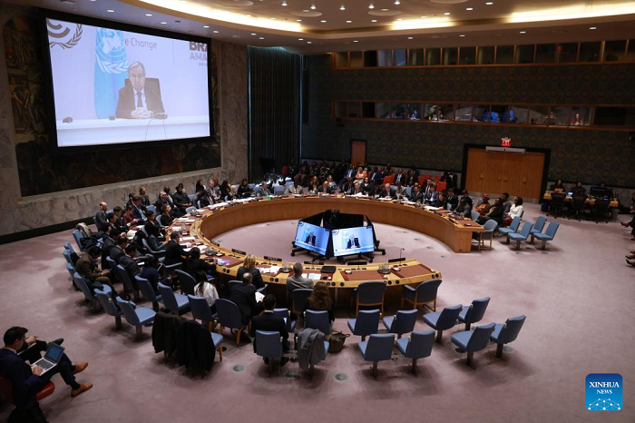 The United Nations Security Council holds a meeting on peace consolidation in West Africa at the UN headquarters in New York, Nov. 18, 2025. UN Secretary-General Antonio Guterres on Tuesday called for regional unity to fight terrorism in West Africa and the Sahel. (Photo: Xinhua) 