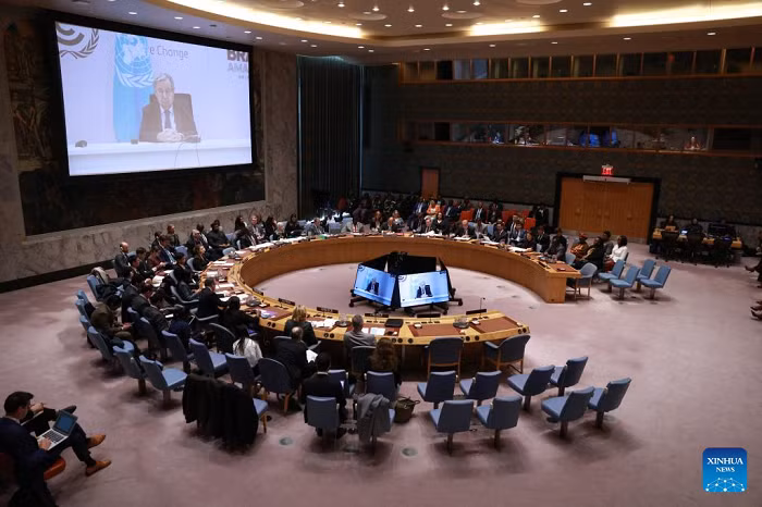 The United Nations Security Council holds a meeting on peace consolidation in West Africa at the UN headquarters in New York, Nov. 18, 2025. UN Secretary-General Antonio Guterres on Tuesday called for regional unity to fight terrorism in West Africa and the Sahel. (Photo: Xinhua) 