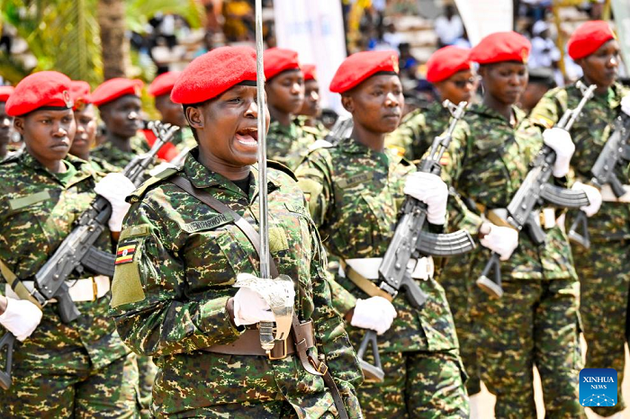 Ugandan female military officers march at an all-women military parade to mark International Women's Day, in Kampala, Uganda, on March 8, 2026. Uganda on Sunday held an all-women military parade to mark International Women's Day, observed this year under the national theme "Scaling up investment to accelerate access to justice for women and girls across Uganda." (Uganda Vice President Press Unit/Handout via Xinhua)