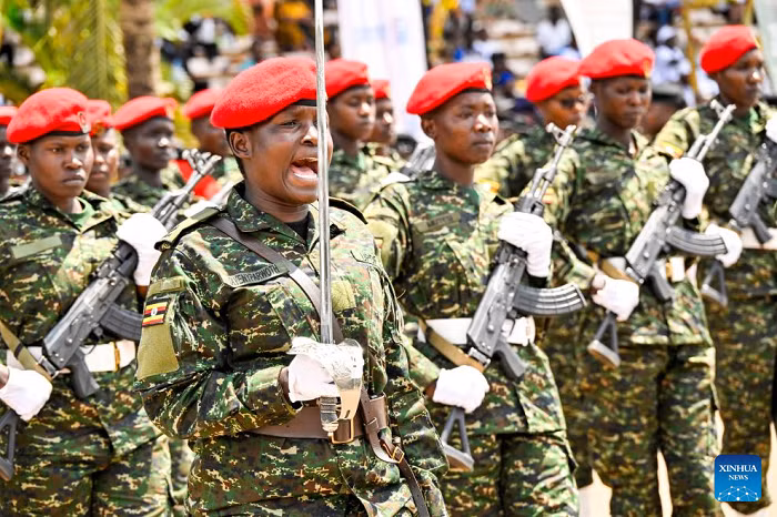 Ugandan female military officers march at an all-women military parade to mark International Women's Day, in Kampala, Uganda, on March 8, 2026. Uganda on Sunday held an all-women military parade to mark International Women's Day, observed this year under the national theme "Scaling up investment to accelerate access to justice for women and girls across Uganda." (Uganda Vice President Press Unit/Handout via Xinhua)