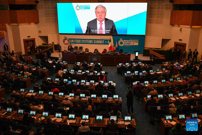 United Nations (UN) Secretary-General Antonio Guterres addresses the Second UN Food Systems Summit in a video message in Addis Ababa, Ethiopia, on July 28, 2025. Global leaders on Monday called for urgent collective action to address challenges facing food systems. (Photo: Xinhua)