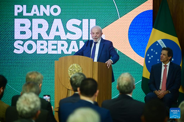 Brazilian President Luiz Inacio Lula da Silva speaks at the launch ceremony of Sovereign Brazil initiative held in Brasilia, Brazil, Aug. 13, 2025. Brazil on Wednesday launched a package of measures to support exporters hit by a 50 percent tariff imposed by the U.S. government. The initiative, called Sovereign Brazil, provides 30 billion reais (about 5.562 billion USD) in affordable loans, tax breaks and other measures, prioritizing small businesses and those dealing in perishable foods. (Photo: Xinhua)