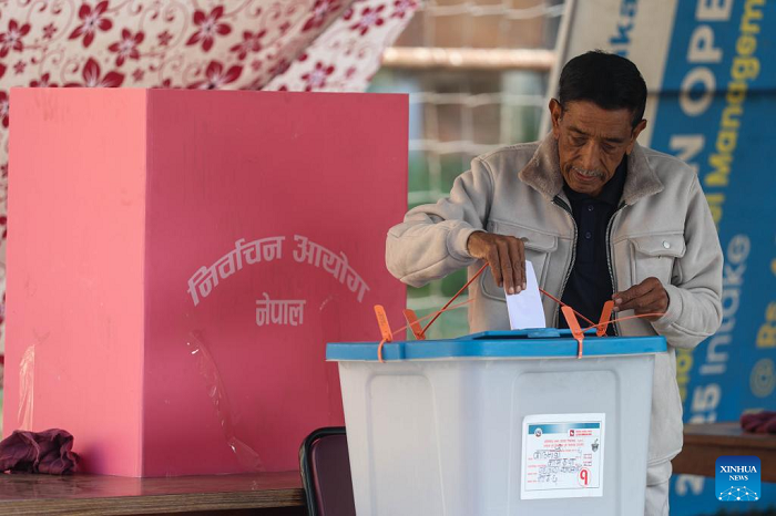 A man casts his ballot at a polling station during the parliamentary election in Kathmandu, Nepal, on March 5, 2026. Voting began across Nepal on Thursday morning to elect a new House of Representatives that was dissolved following violent protests in September last year. (Photo: Xinhua)