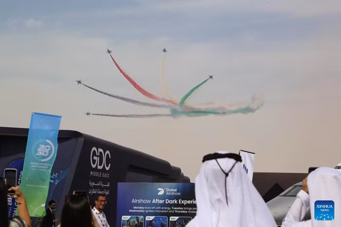 Aircraft perform during the 19th edition of the Dubai Airshow in Dubai, the United Arab Emirates (UAE), Nov. 17, 2025. The 19th edition of the Dubai Airshow opened Monday at Dubai World Central, featuring the Middle East debut of two of China's homegrown C919 aircraft. Organizers said the five-day event, held under the theme "The Future is Here," has drawn more than 1,500 exhibitors, including 440 first-time participants.