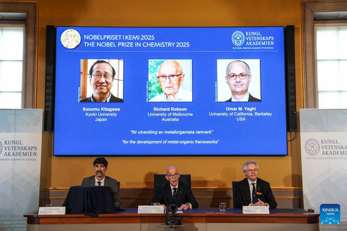 The 2025 Nobel Prize in Chemistry is announced in Stockholm, Sweden, Oct. 8, 2025. Susumu Kitagawa, Richard Robson and Omar M. Yaghi were awarded the 2025 Nobel Prize in Chemistry on Wednesday for developing metal-organic frameworks (MOFs), the Royal Swedish Academy of Sciences announced. (Photo: Xinhua)