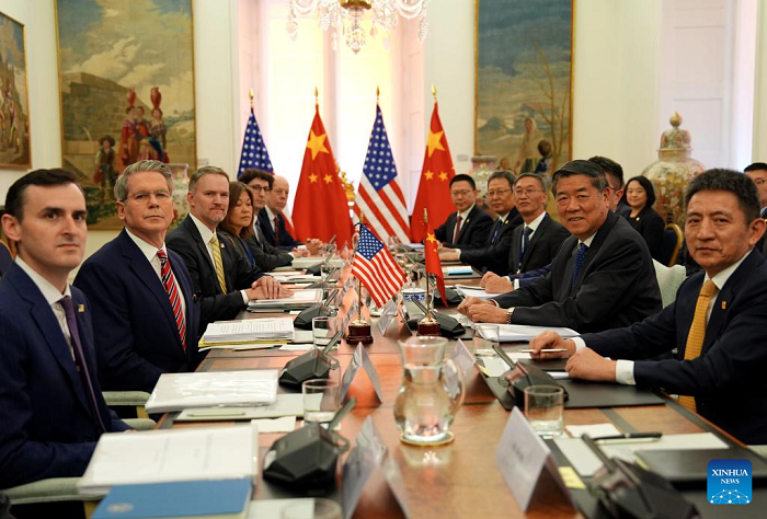 The Chinese and U.S. delegations hold talks on economic and trade issues in Madrid, Spain, Sept. 14, 2025. The Chinese and U.S. delegations reconvened on Monday for the second day of their talks on economic and trade issues. (Photo: Xinhua)