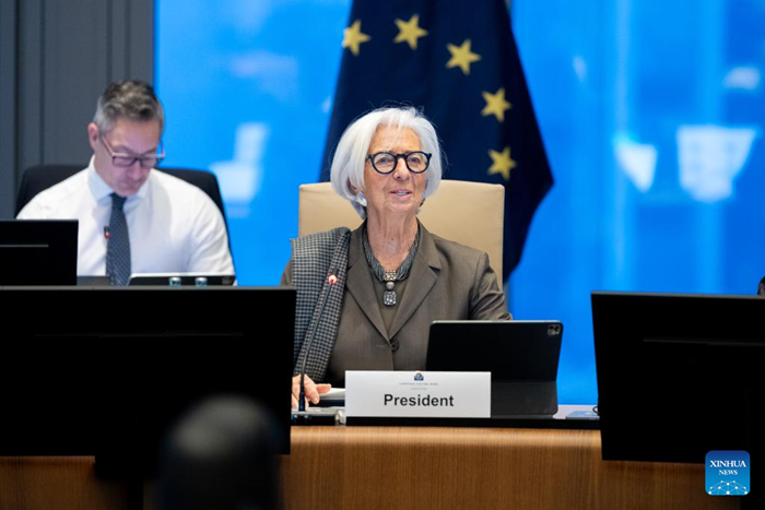 European Central Bank (ECB) President Christine Lagarde attends a press conference in Frankfurt, Germany, on Feb. 5, 2026. The ECB on Thursday decided to leave key interest rates unchanged at its first monetary policy meeting of 2026, marking the fifth consecutive hold since July 2025. (ECB/Handout via Xinhua)