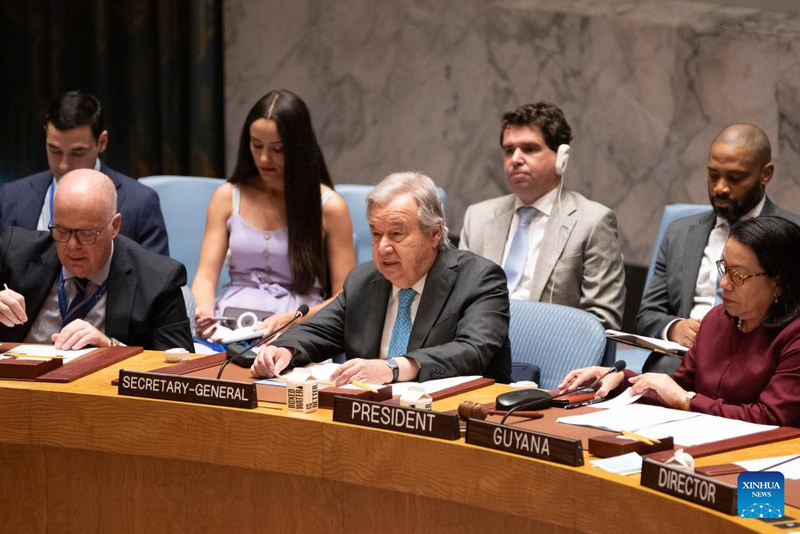 UN Secretary-General Antonio Guterres (C, front) speaks at an emergency meeting of the UN Security Council at the UN headquarters in New York, June 22, 2025. UN Secretary-General Antonio Guterres on Sunday warned of "a rathole of retaliation" in the wake of U.S. strikes on Iranian nuclear sites. 