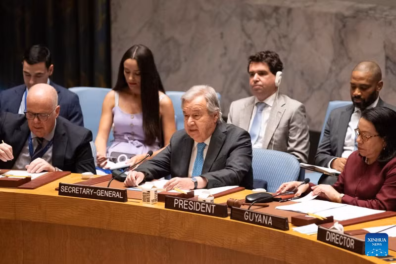 UN Secretary-General Antonio Guterres (C, front) speaks at an emergency meeting of the UN Security Council at the UN headquarters in New York, June 22, 2025. UN Secretary-General Antonio Guterres on Sunday warned of "a rathole of retaliation" in the wake of U.S. strikes on Iranian nuclear sites. 