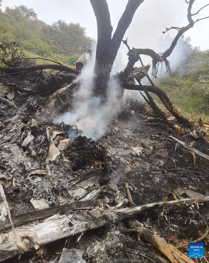 This photo shows the site of a private chopper crash in India's northern hilly state of Uttarakhand on June 15, 2025. Seven people, including two children, the pilot and four male passengers, were dead in the private chopper crash in India's northern hilly state of Uttarakhand early on Sunday, a senior state government official said. (IANS/Handout via Xinhua)
