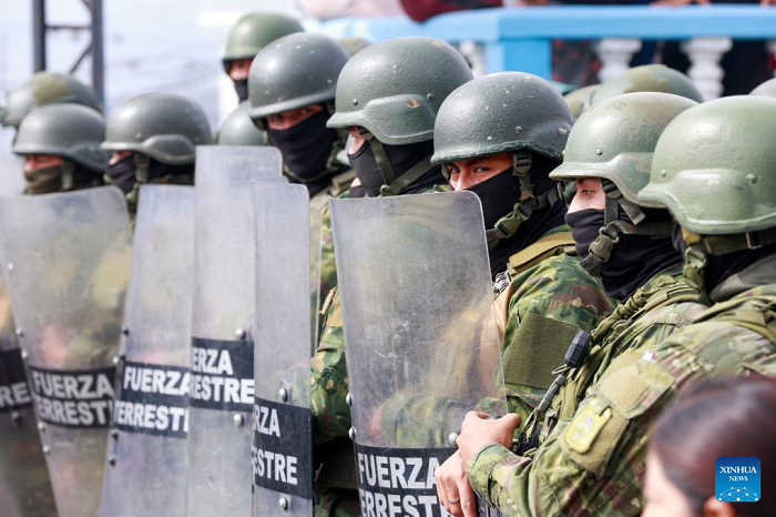 Ecuadorian armed forces maintain order in Quito, Ecuador, Sept. 16, 2025. Ecuadorian President Daniel Noboa declared a 60-day state of emergency in seven provinces on Tuesday, citing "serious internal unrest" after transport unions went on strike over raised diesel prices. The decree also authorizes the armed forces and national police to take necessary measures to maintain order, prevent violence and protect citizens, as well as to safeguard free movement and economic activity. (Photo: Xinhua)