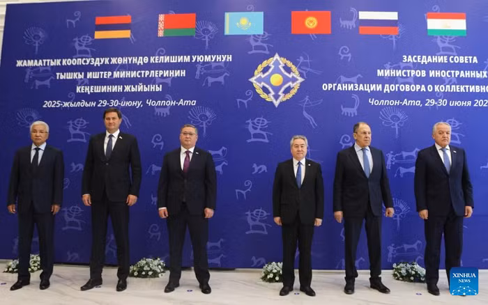 Participants attending a meeting of foreign ministers of the Collective Security Treaty Organization (CSTO) pose for a group photo in Cholpon-Ata, Kyrgyzstan, June 30, 2025. Foreign ministers of the CSTO met Monday to discuss regional and international security issues, according to the press service of the Kyrgyz Foreign Ministry. (Kyrgyz Foreign Ministry/Handout via Xinhua)
