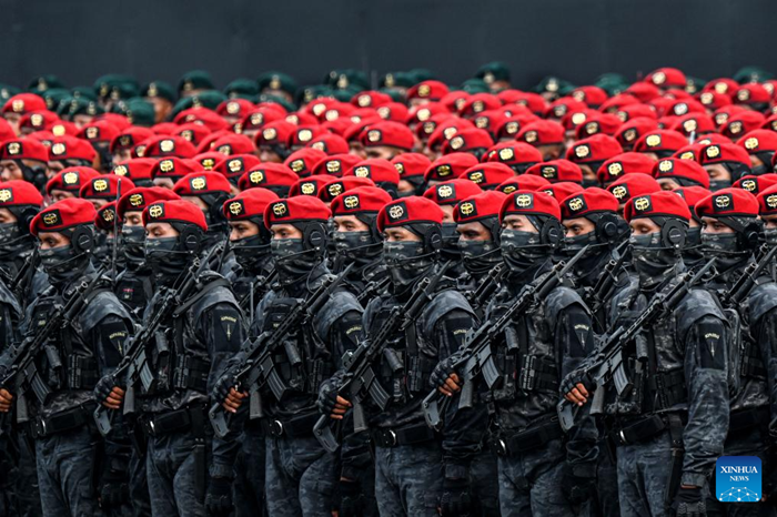 A rehearsal for the military parade in celebration of the 80th anniversary of the Indonesian National Armed Forces is held in Jakarta, Indonesia, Oct. 3, 2025. (Photo: Xinhua)