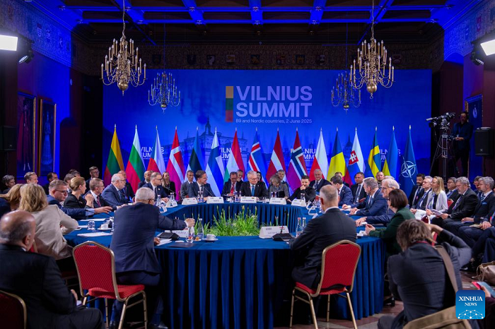 Participants attend the Bucharest Nine (B9) summit in Vilnius, Lithuania, on June 2, 2025. The Bucharest Nine (B9) summit took place here on Monday, with leaders of the B9 and Nordic countries pledging to gradually increase defense spending. (Lithuanian Presidency/Handout via Xinhua) 