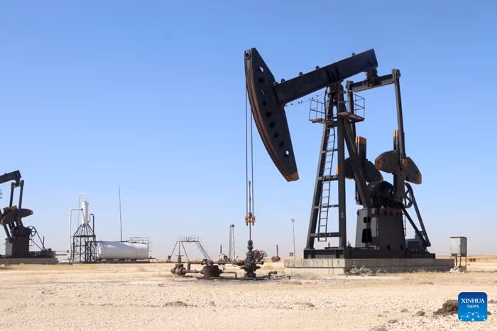 A pumpjack is seen at the Rmelan oil fields in Hasakah province, northeastern Syria, Aug. 4, 2026. Officials said rehabilitation projects are expected to modernize production facilities and gradually raise output at the country's largest oil fields. (Str/Xinhua)