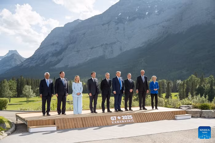 The Group of Seven (G7) and Europe Union leaders pose for a group photo in Kananaskis in the province of Alberta, Canada, June 16, 2025. The Group of Seven (G7) leaders met for the first day of the two-day summit here on Monday with emerging disagreements.(Government of Canada/Handout via Xinhua)