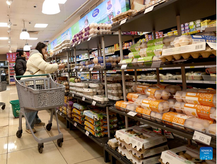 People select goods in a supermarket in Bishkek, Kyrgyzstan, Jan. 15, 2026. Kyrgyzstan's gross domestic product (GDP) surged 11.1 percent last year to reach 22.6 billion USD, according to official data released on Monday. (Photo: Xinhua)
