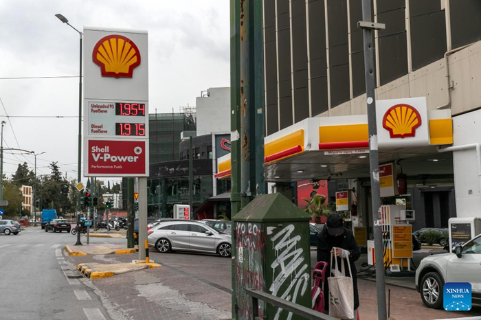 Photo taken on March 17, 2026 shows the gas prices displayed at a gas station in Athens, Greece. Gasoline prices have risen in Greece since the start of U.S.-Israeli military operations against Iran. (Photo: Xinhua)