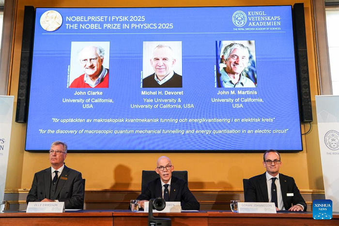 The 2025 Nobel Prize in Physics is announced in Stockholm, Sweden, Oct. 7, 2025. Three U.S.-based scientists, John Clarke, Michel H. Devoret and John M. Martinis, have been awarded the 2025 Nobel Prize in Physics for their discovery of macroscopic quantum mechanical tunnelling and energy quantisation in an electric circuit, the Royal Swedish Academy of Sciences announced on Tuesday. (Photo: Xinhua)