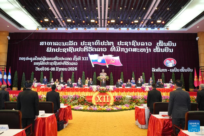 This photo taken on Jan. 6, 2026 shows a scene at the opening ceremony of the 12th National Congress of the Lao People's Revolutionary Party (LPRP) in Vientiane, capital of Laos. The 12th National Congress of the LPRP opened on Tuesday morning in the capital city. (Lao News Agency/Handout via Xinhua)