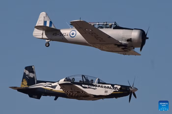 Aircraft perform during an air show at the Tanagra Air Base, some 70 kilometers north of Athens, Greece, Sept. 6, 2025. The Athens Flying Week 2025 kicked off here on Saturday. (Photo: Xinhua)