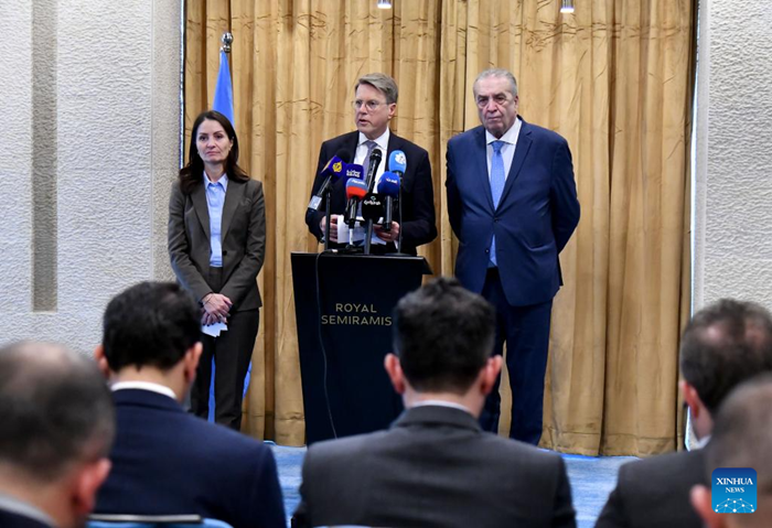 Samuel Zbogar, Slovenia's permanent UN representative and Security Council president for December, speaks during a press briefing in Damascus, Syria, Dec. 4, 2025. A United Nations Security Council (UNSC) delegation made a rare visit to Syria on Thursday, marking a high-level engagement with Syrian authorities since they took power following the ouster of former President Bashar al-Assad in December 2024. (Photo: Xinhua)