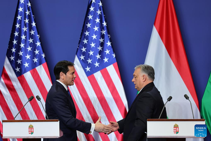 Hungarian Prime Minister Viktor Orban (R) and U.S. Secretary of State Marco Rubio shake hands after a joint press conference in Budapest, Hungary on Feb. 16, 2026. Hungary and the United States signed a civil nuclear energy cooperation agreement on Monday during a visit by U.S. Secretary of State Marco Rubio to Budapest. (Photo: Xinhua)