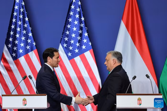 Hungarian Prime Minister Viktor Orban (R) and U.S. Secretary of State Marco Rubio shake hands after a joint press conference in Budapest, Hungary on Feb. 16, 2026. Hungary and the United States signed a civil nuclear energy cooperation agreement on Monday during a visit by U.S. Secretary of State Marco Rubio to Budapest. (Photo: Xinhua)